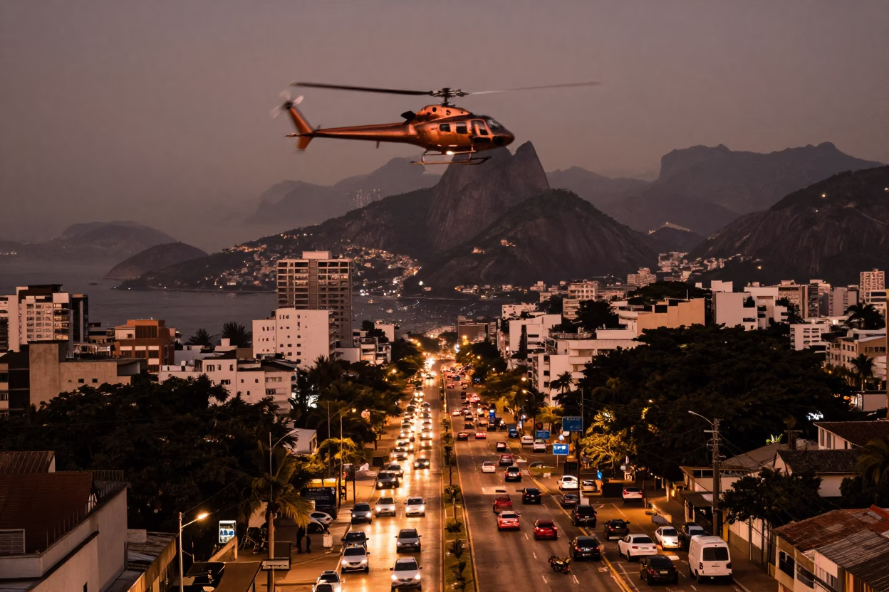 Busy Rio Street Scene with Helicopter Overlooking Copper Toned Dusk in in Rio de Janeiro, Brazil