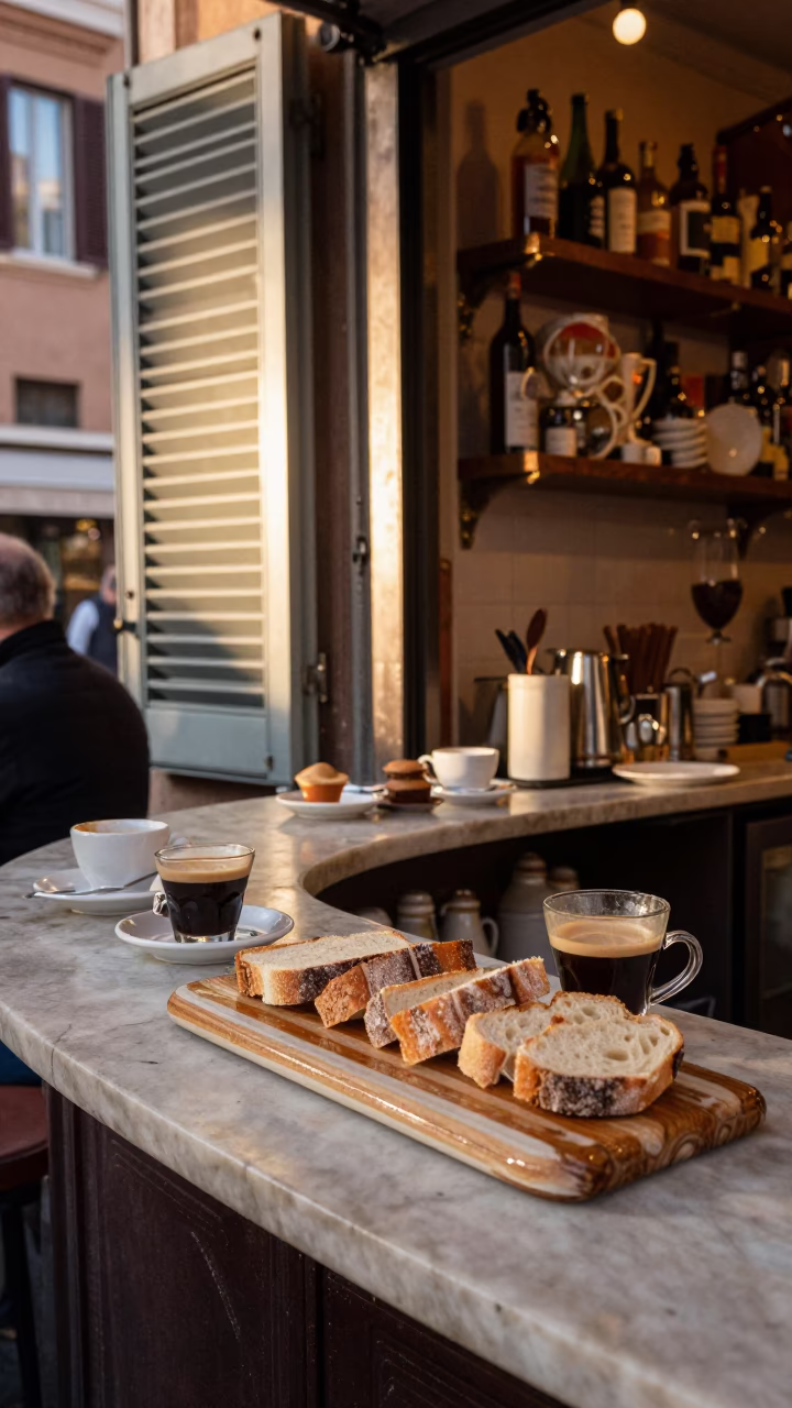 Busy Roman Breakfast Bar at Dawn with Espresso and Local Patrons in in Rome, Italy