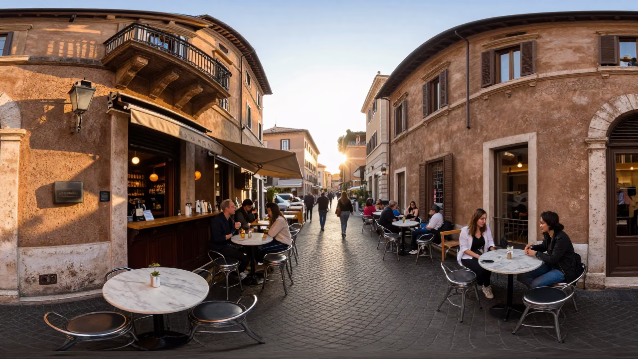 Busy Roman Cafe Terrace at Sunrise with Bar Stools and Local Morning Activity in in Rome, Italy