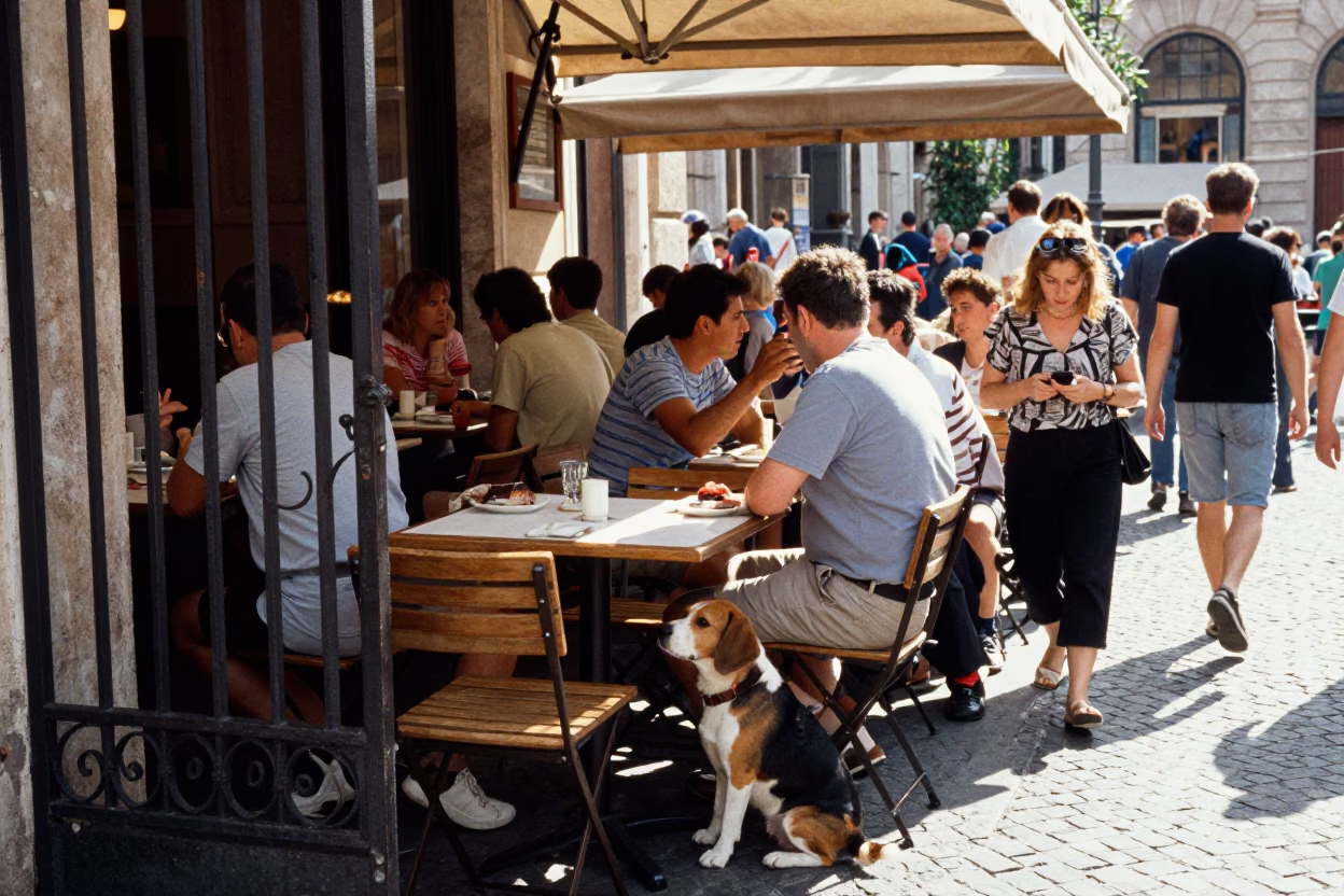 Busy Roman Cafe Terrace in Early Afternoon with Beagle and Vintage 1970s Atmosphere in in Rome, Italy