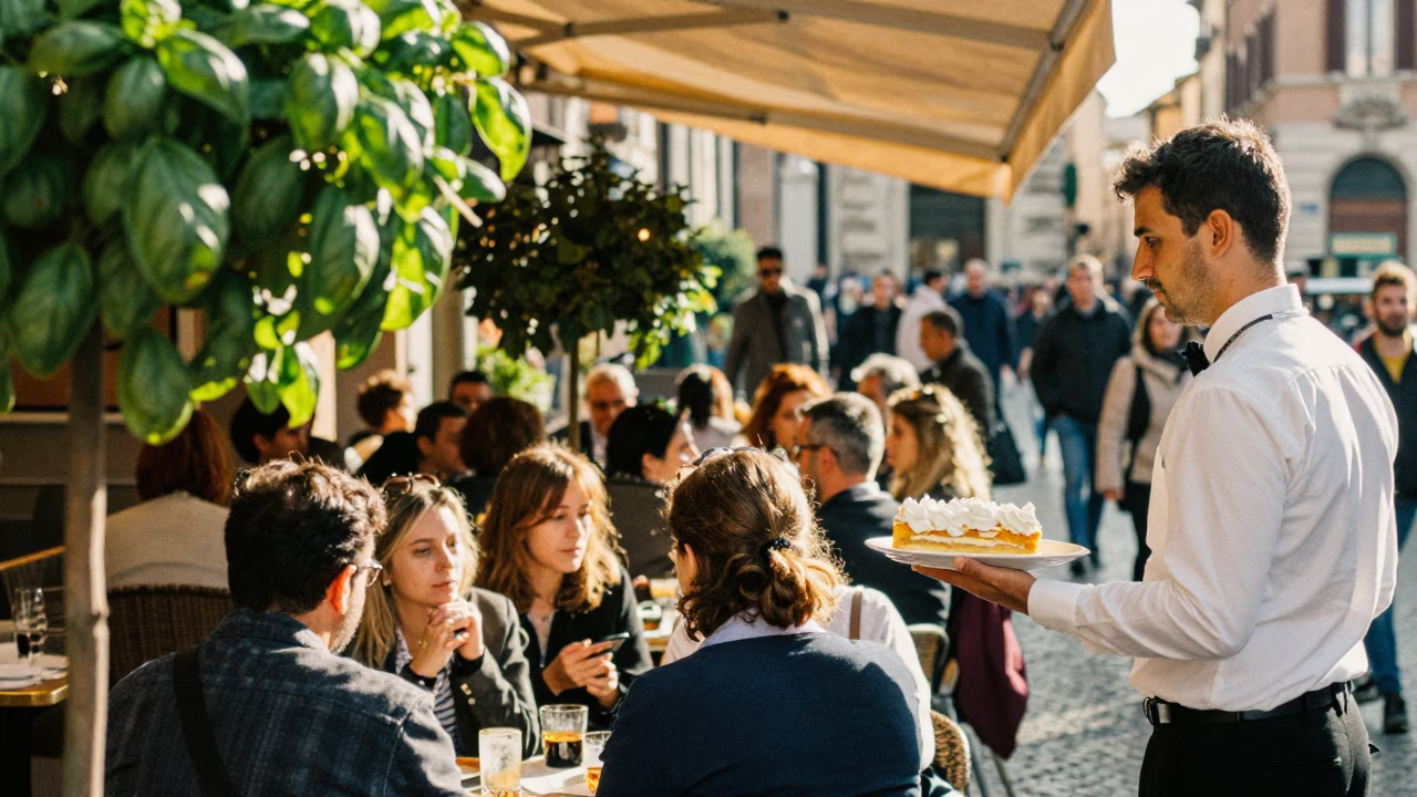 Busy Roman Cafe Terrace with Basil Leaves and Traditional Sweets in Early Afternoon Light in in Rome, Italy