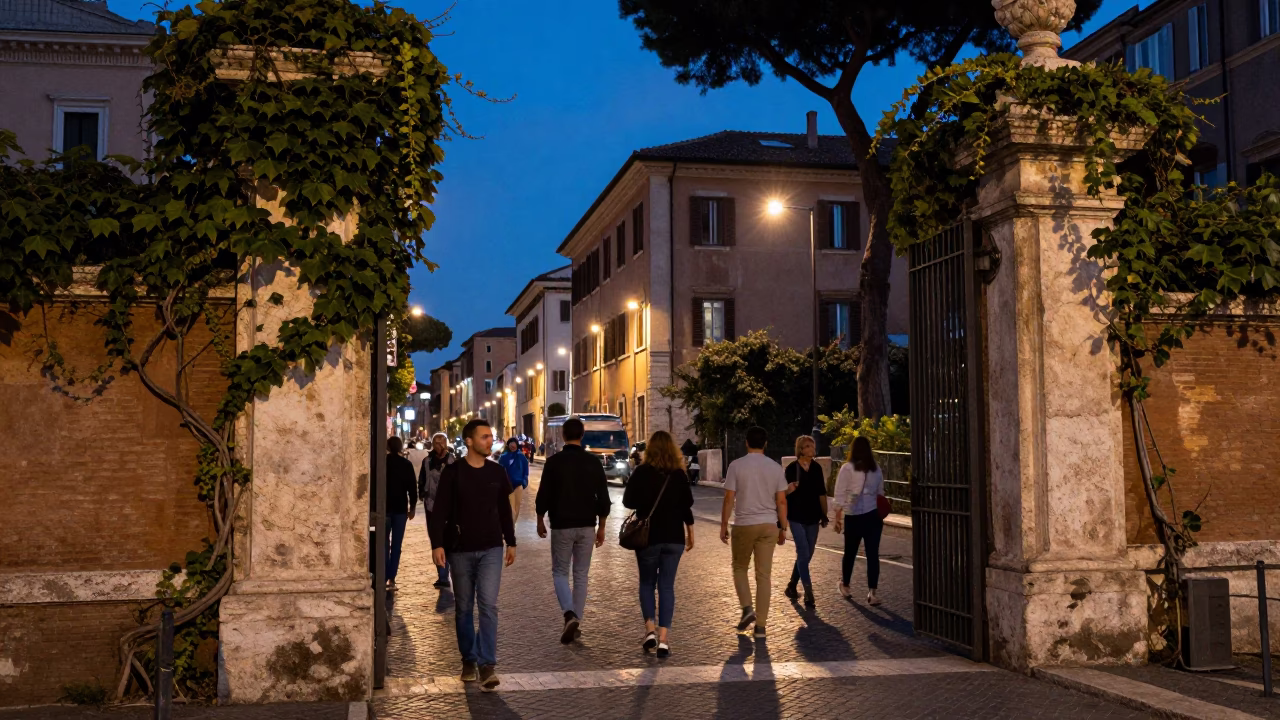 Busy Roman Evening Street Scene with Garden Gate and Ivy Vines in Blue Light in in Rome, Italy