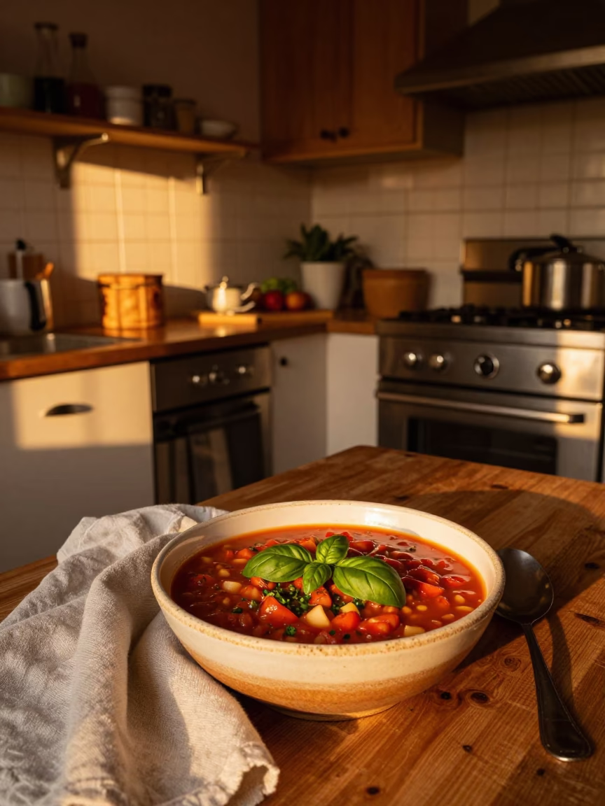 Busy Roman Kitchen Evening with Minestrone and Linen Fringe in Honeyed Light in in Rome, Italy
