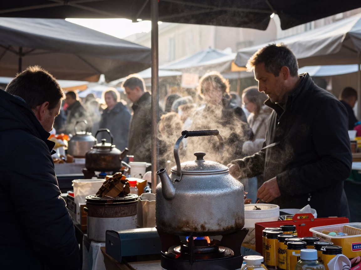 Busy Roman Market Stall at Dawn with Condensation and Kitchen Tools in in Rome, Italy