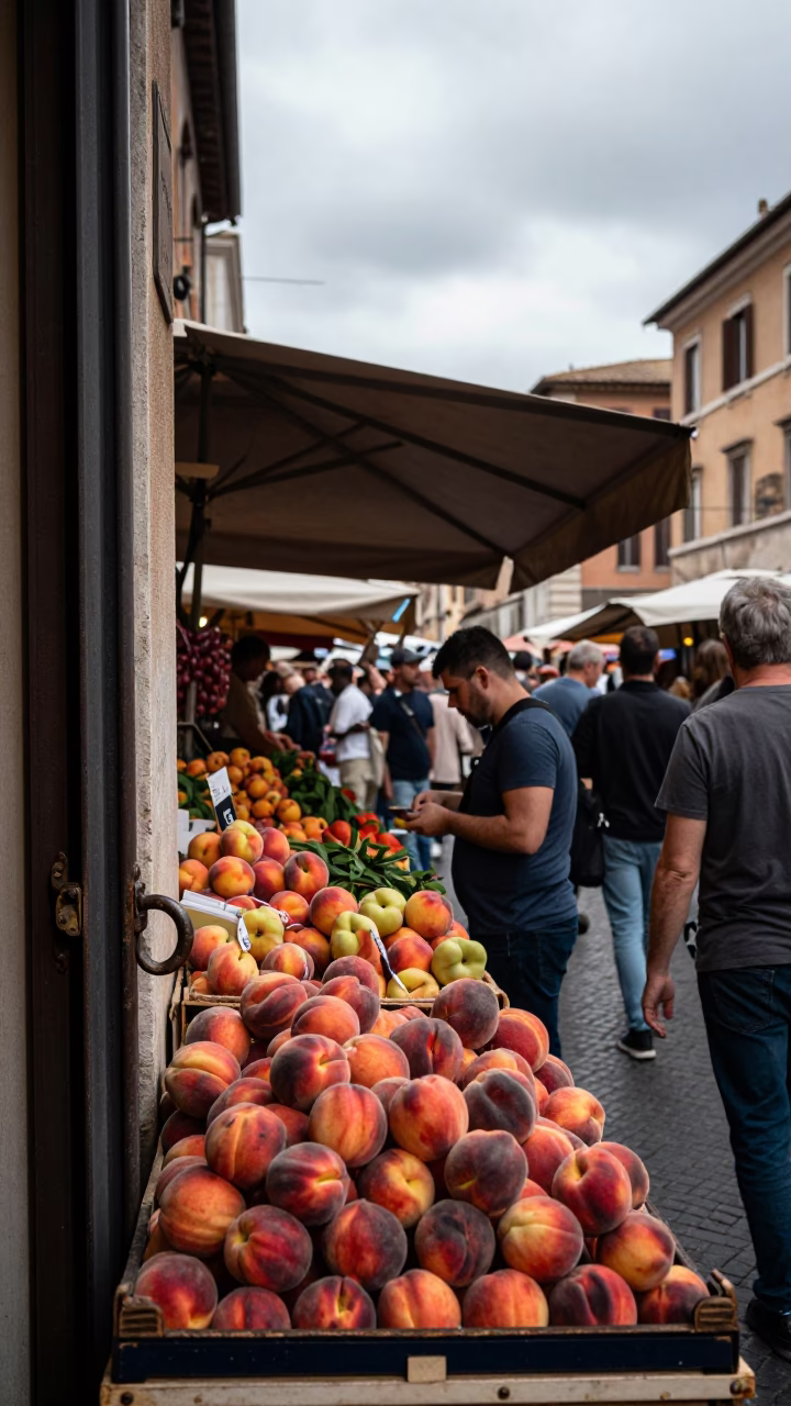 Busy Roman Market Stall Overcast Midday With Peaches And Door Handle in in Rome, Italy