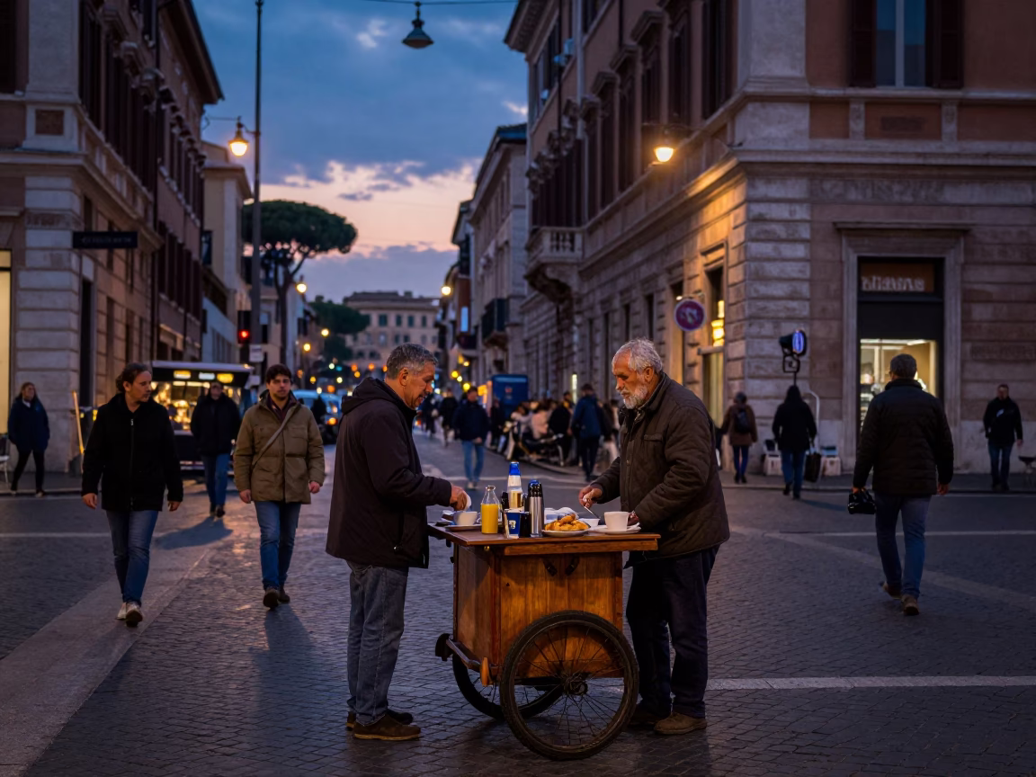 Busy Roman Street Breakfast Scene at Nautical Dawn with Local Food and Daily Life in in Rome, Italy
