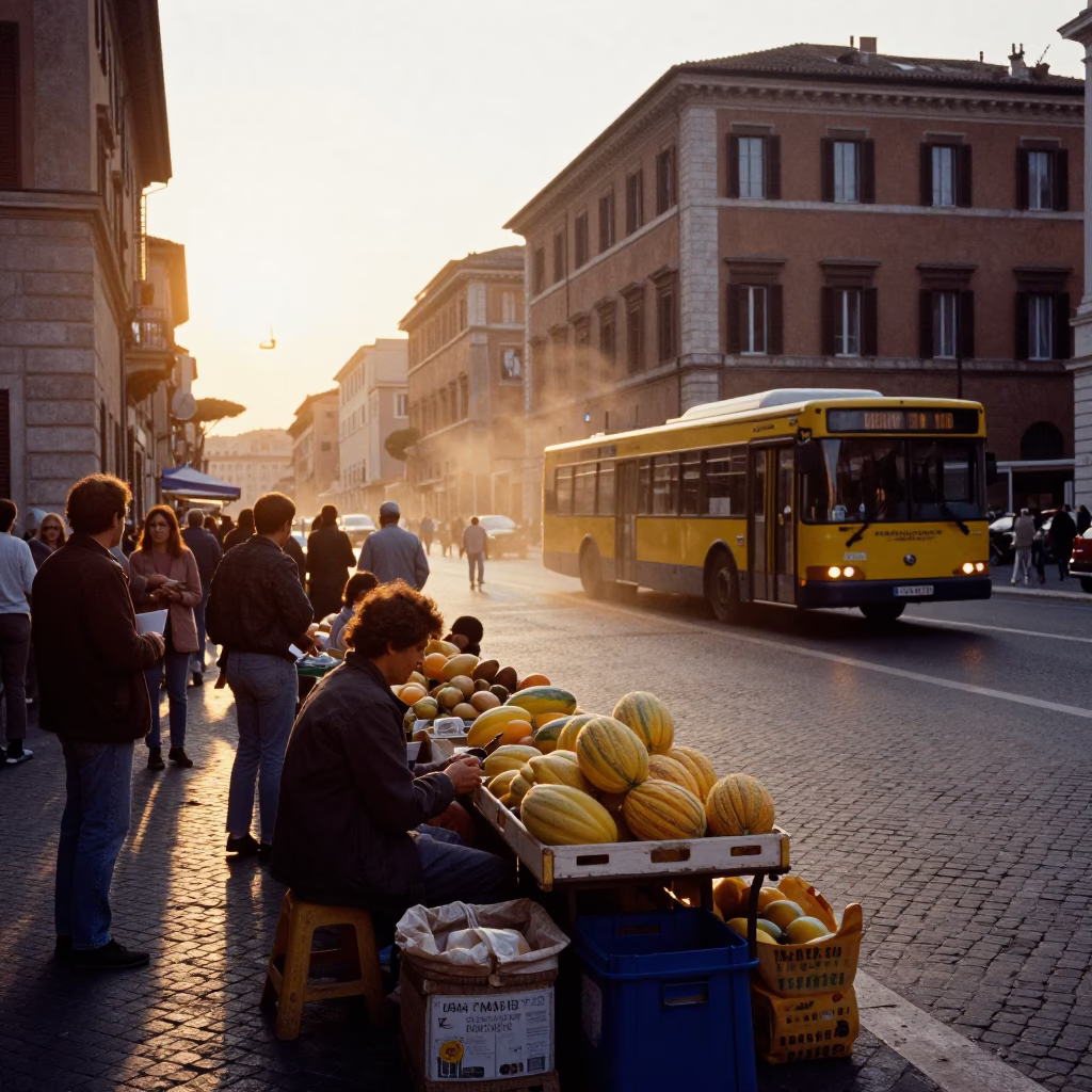 Busy Roman Street Corner at Sunset with Melons and Classic Bus in in Rome, Italy