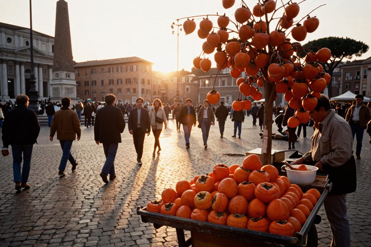 Busy Roman street corner at sunset with persimmons and folding fan in 1980s Italy in in Rome, Italy