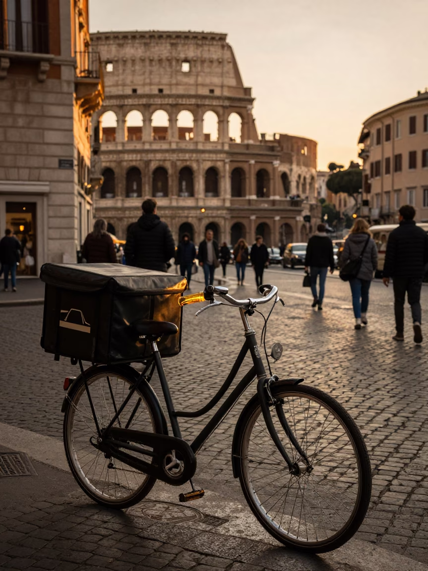 Busy Roman Street Corner in Honeyed Evening Light with Local Shop and Pedestrians in in Rome, Italy