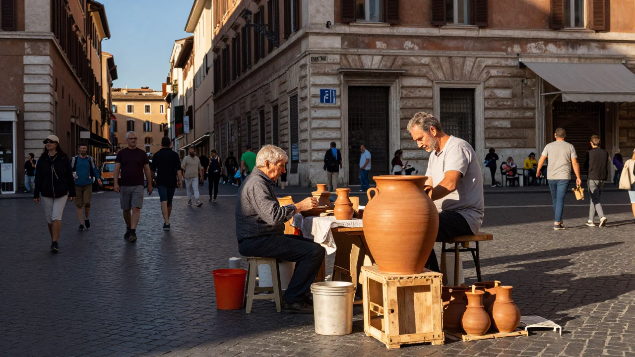 Busy Roman Street Corner Late Afternoon with Clay Pot and Twine Fibers in in Rome, Italy