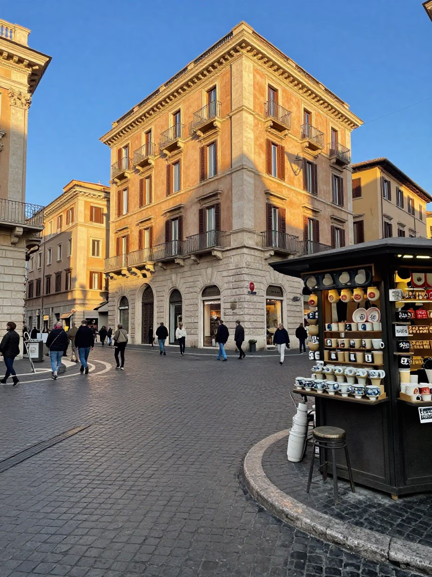 Busy Roman Street Corner Late Morning with Local Market Activity and Traditional Elements in in Rome, Italy