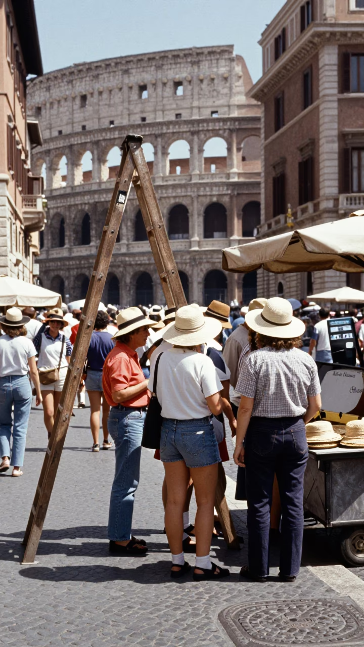 Busy Roman Street Corner Midday with Sun Hats and Wooden Ladder Near Historic Architecture in in Rome, Italy