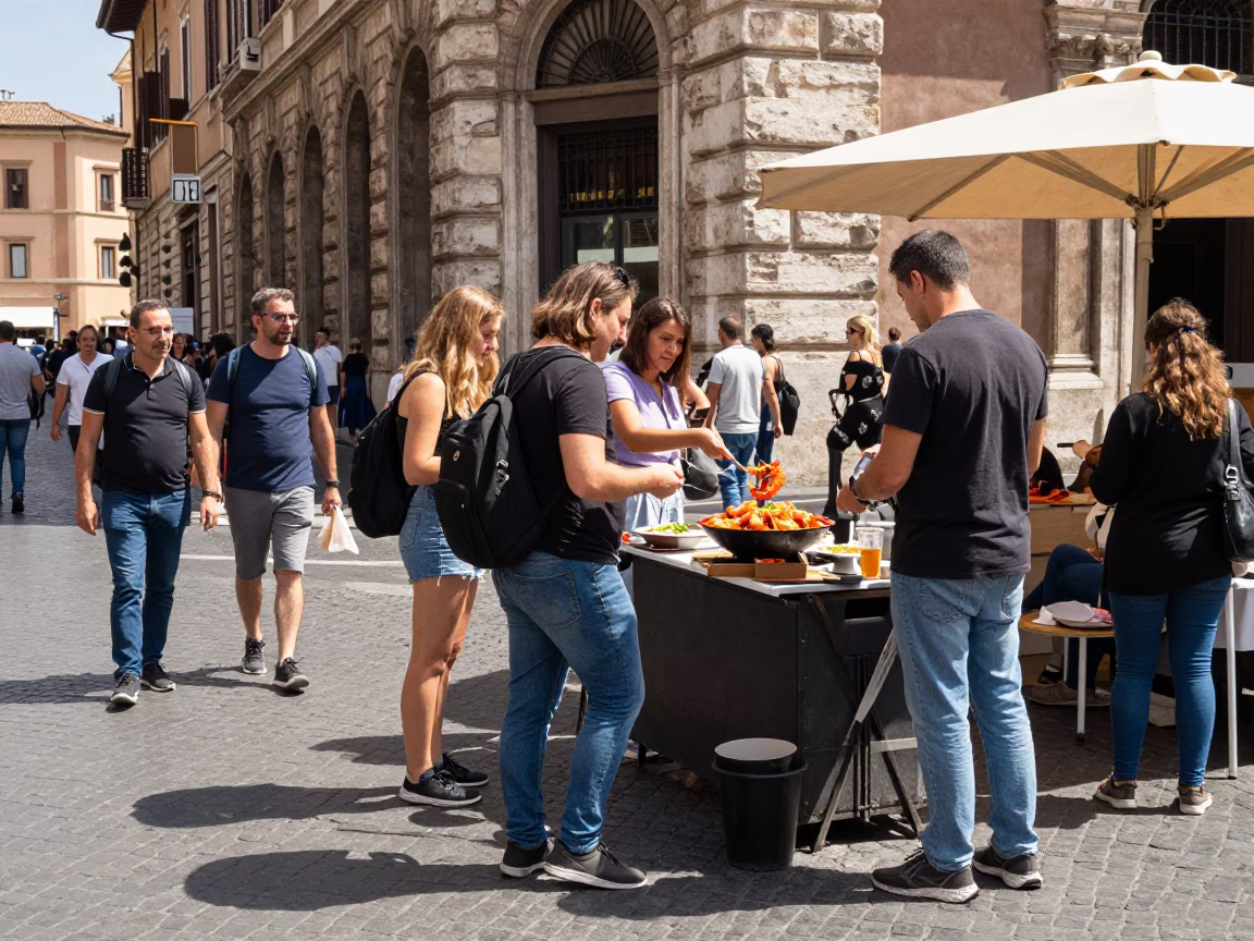 Busy Roman Street Corner with Tourists and Street Food Vendors at Midday in in Rome, Italy