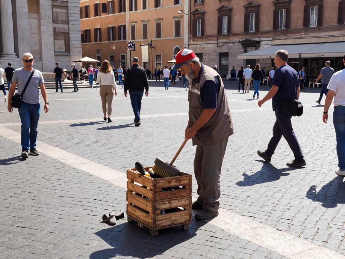 Busy Roman Street Scene at Midday with Shoe Brush and File Box in in Rome, Italy