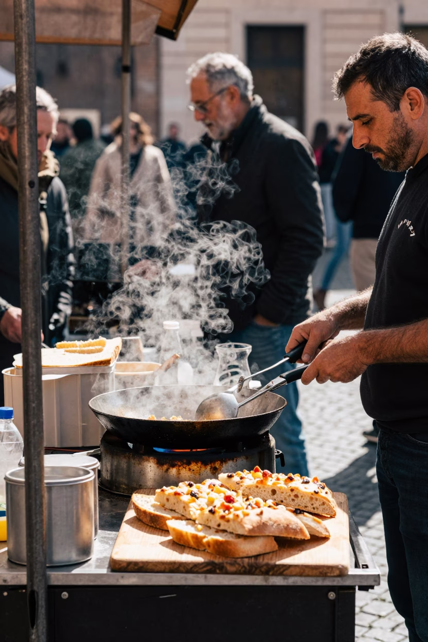 Busy Roman Street Scene at Midday with Skillet and Bread Board Near Historic Architecture in in Rome, Italy