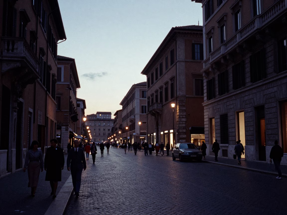 Busy Roman Street Scene at Nautical Dawn with Antique Coffee Grinder on Café Table in in Rome, Italy