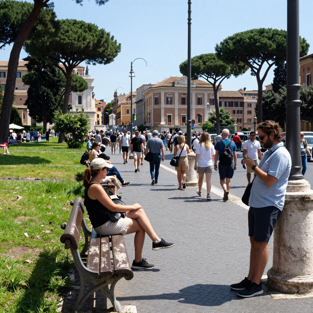Busy Roman Street Scene at Noon with Park Bench and Wicker Shadows in in Rome, Italy