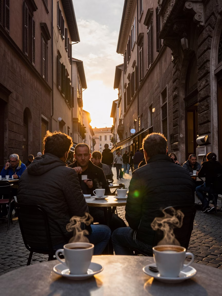 Busy Roman Street Scene at Sunset with Coffee Mugs and Bread Basket in in Rome, Italy