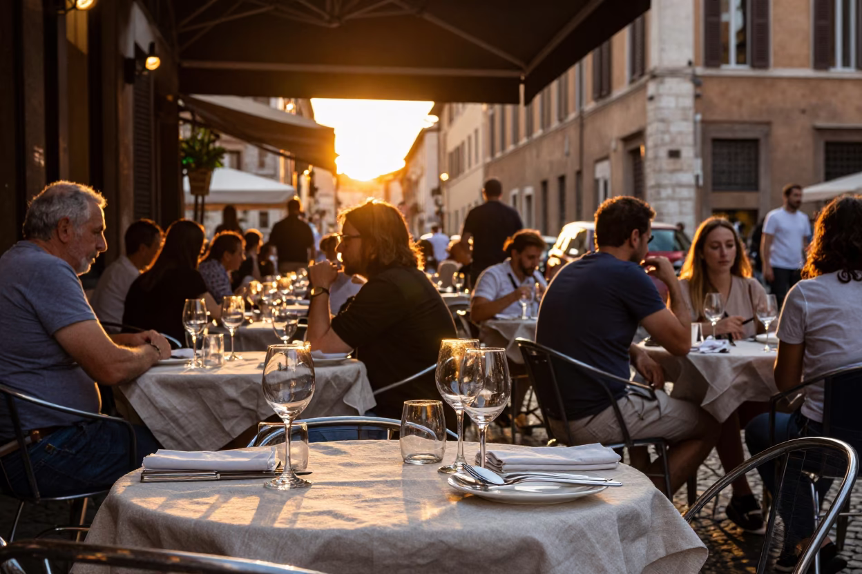 Busy Roman Street Scene at Sunset with Linen Napkin and Local Dining in in Rome, Italy