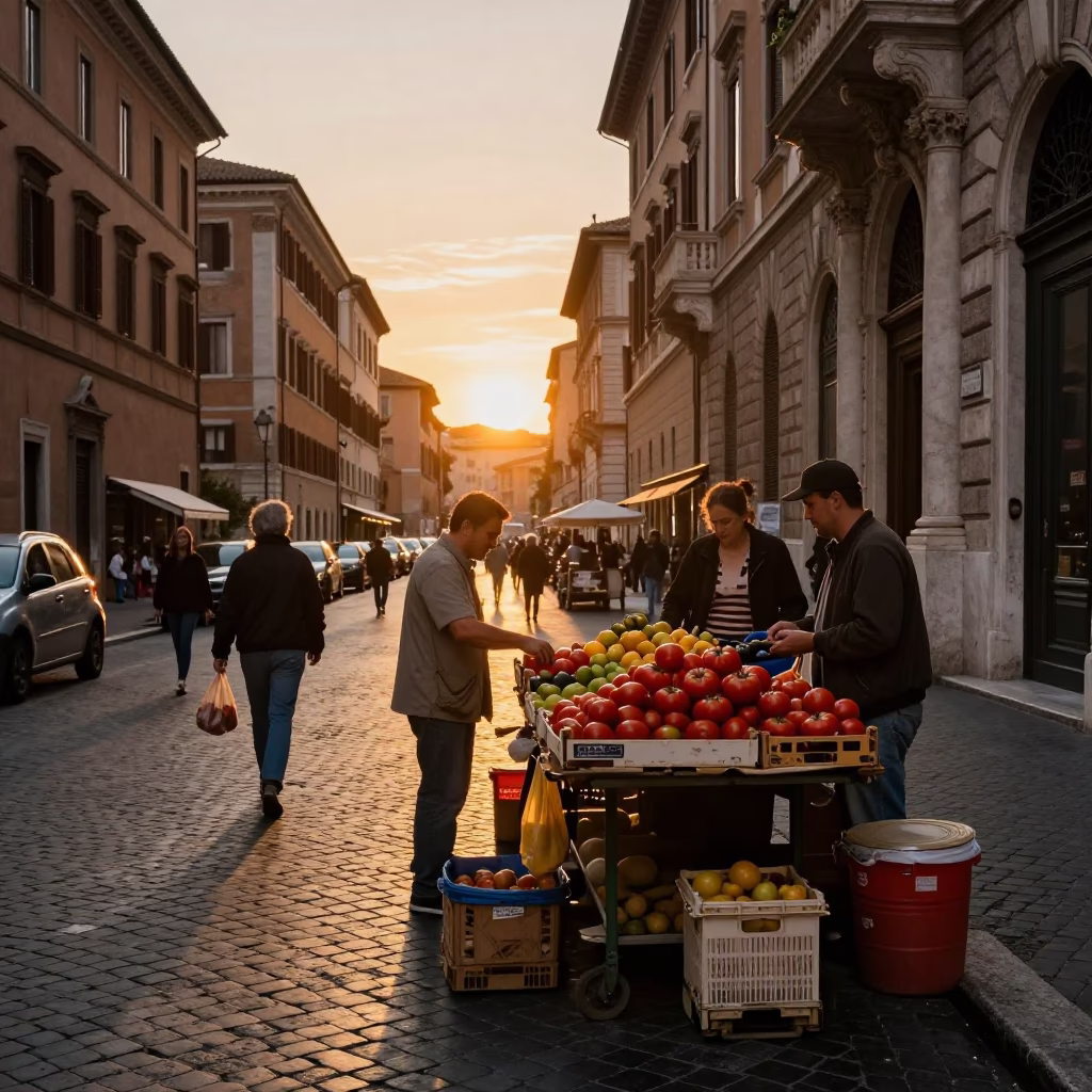 Busy Roman Street Scene at Sunset with Tomatoes and Aqueduct in Background in in Rome, Italy