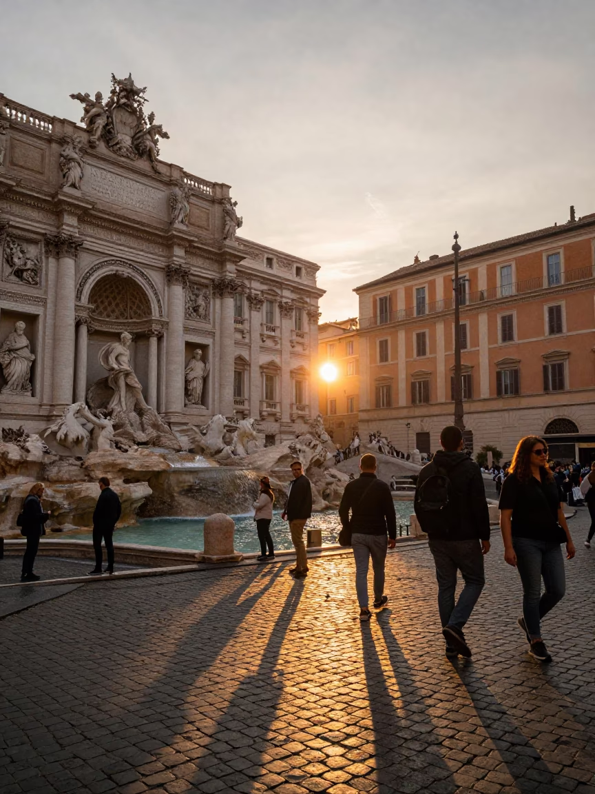 Busy Roman Street Scene at Sunset with Vintage Folding Chair and Tea Kettle in in Rome, Italy
