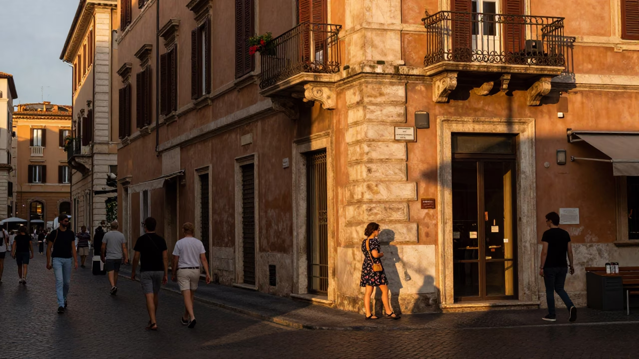 Busy Roman Street Scene in Honeyed Evening Light with Local Details in in Rome, Italy