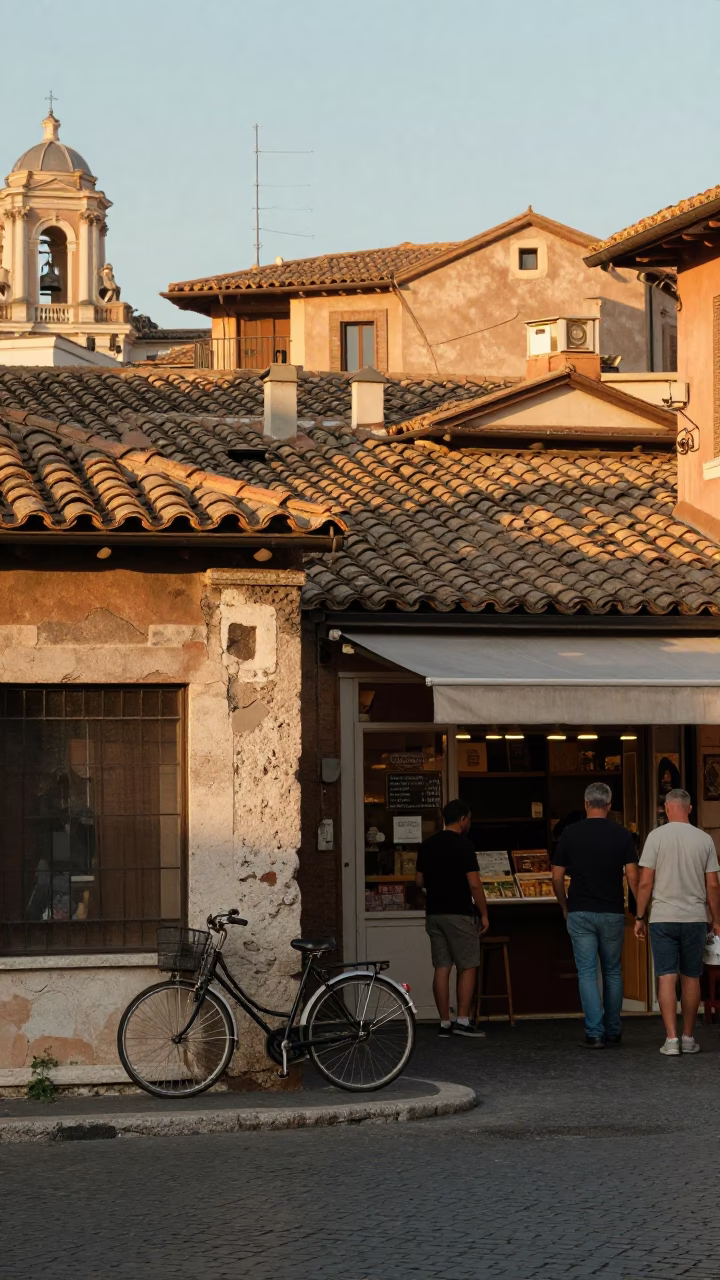 Busy Roman Street Scene Late Afternoon with Vintage Bicycle and Stone Architecture in in Rome, Italy