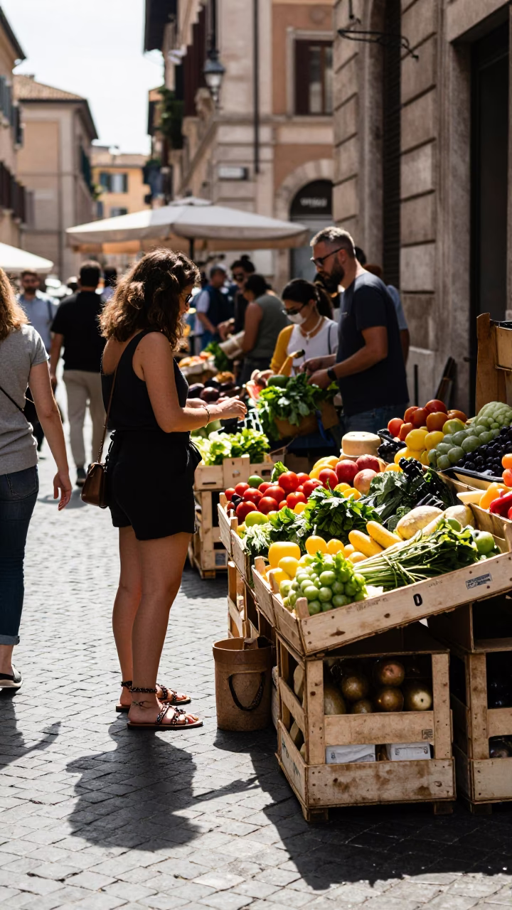 Busy Roman Street Scene with Beaded Sandals and Morning Light in Italy in in Rome, Italy