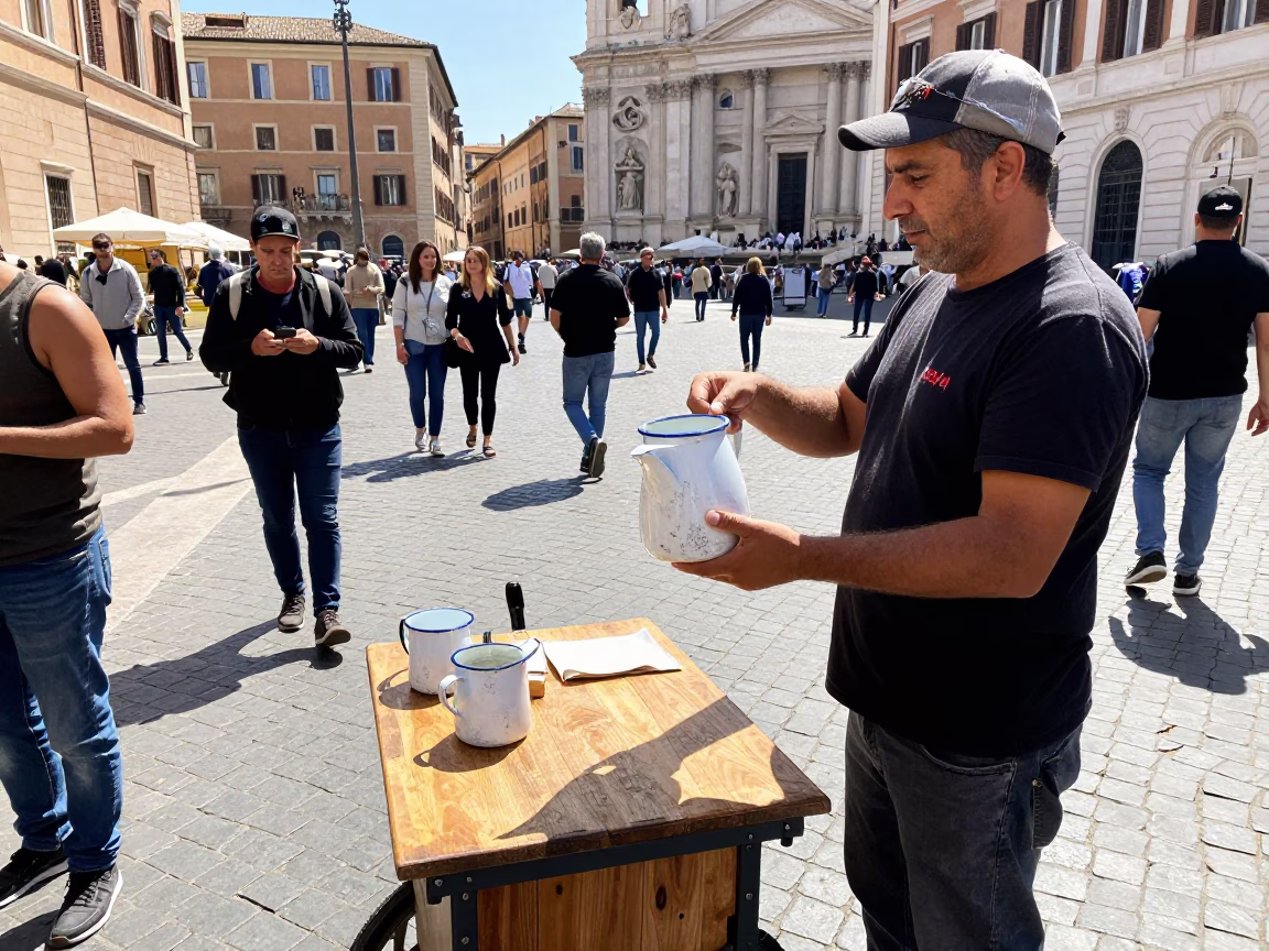 Busy Roman Street Scene with Enamel Pitcher and Shelf Bracket at Midday in in Rome, Italy