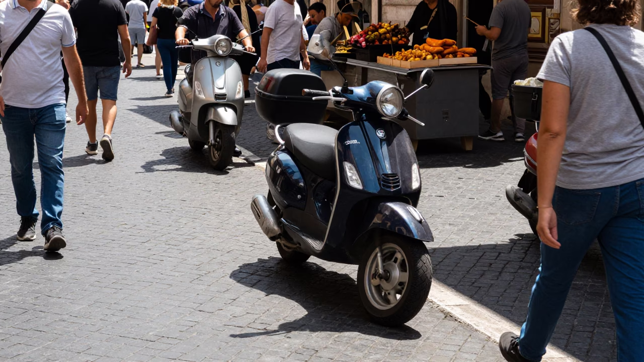 Busy Roman Street Scene with Scooter and Anticuchos in Bright Midmorning Light in in Rome, Italy