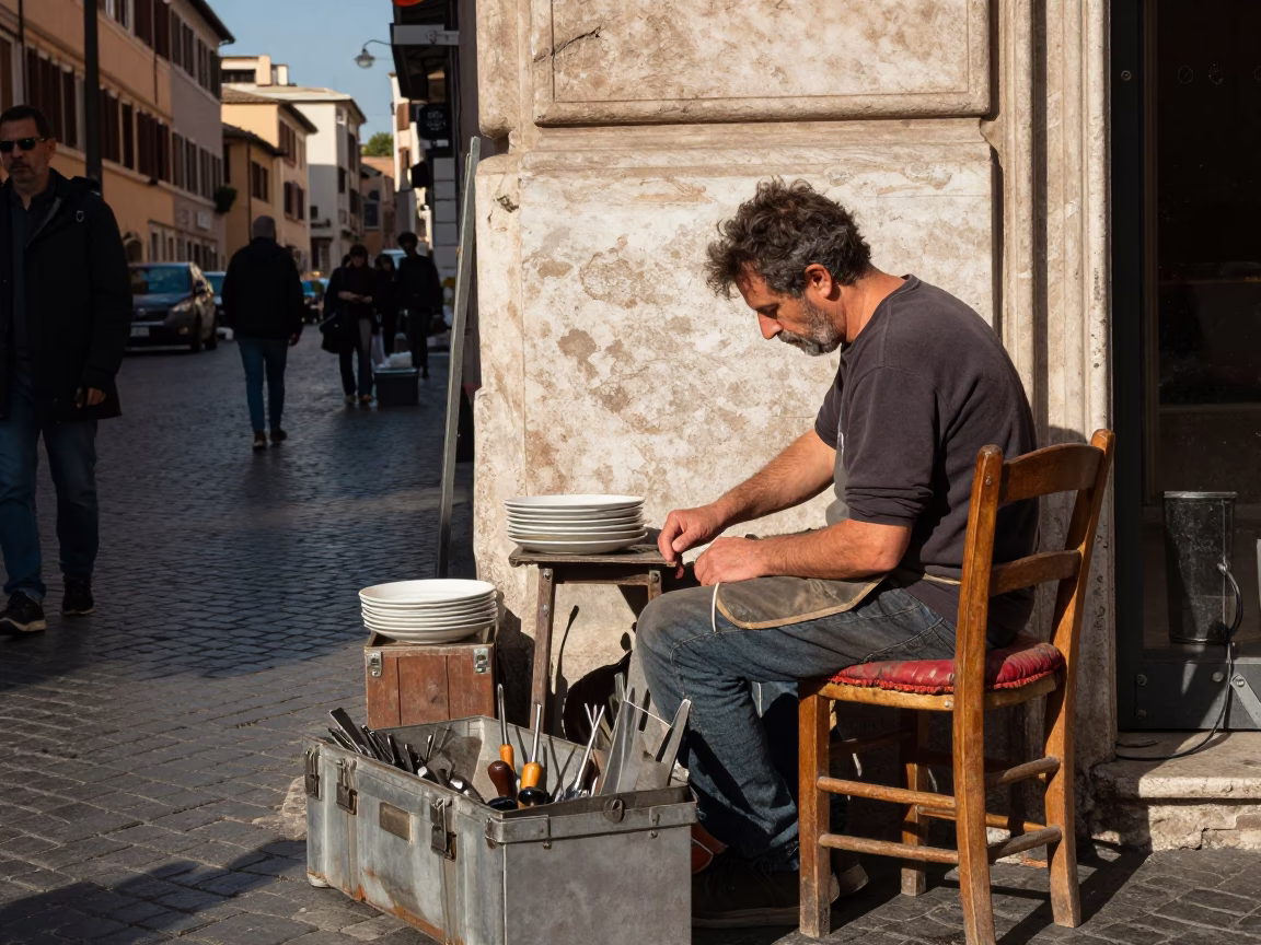 Busy Roman Street Scene with Toolbox and Dish Towels in Late Afternoon Light in in Rome, Italy