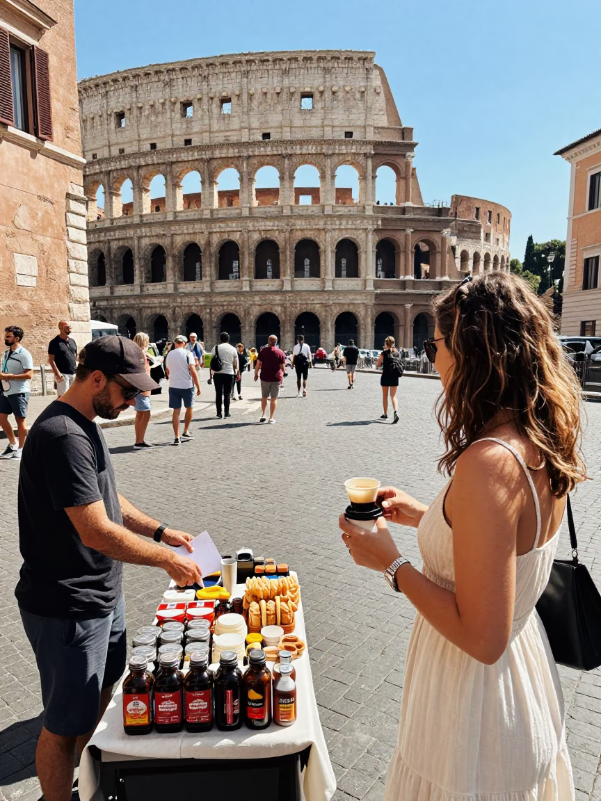 Busy Roman Street Scene with Tourists and Local Life in Midmorning Light in in Rome, Italy