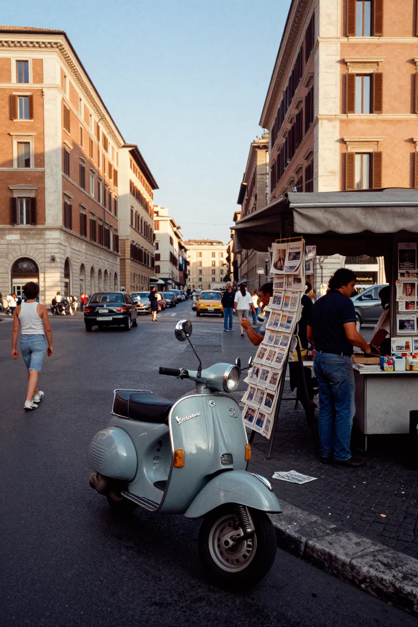 Busy Roman Street Scene with Vintage Scooter and Local Commerce in Late Afternoon Light in in Rome, Italy