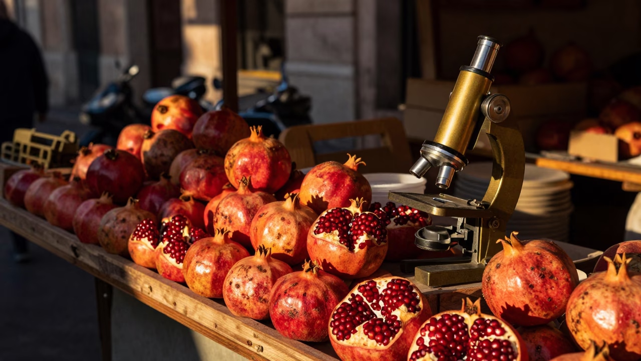 Busy Roman Street Stall at Sunset with Pomegranates and Brass Microscope in in Rome, Italy