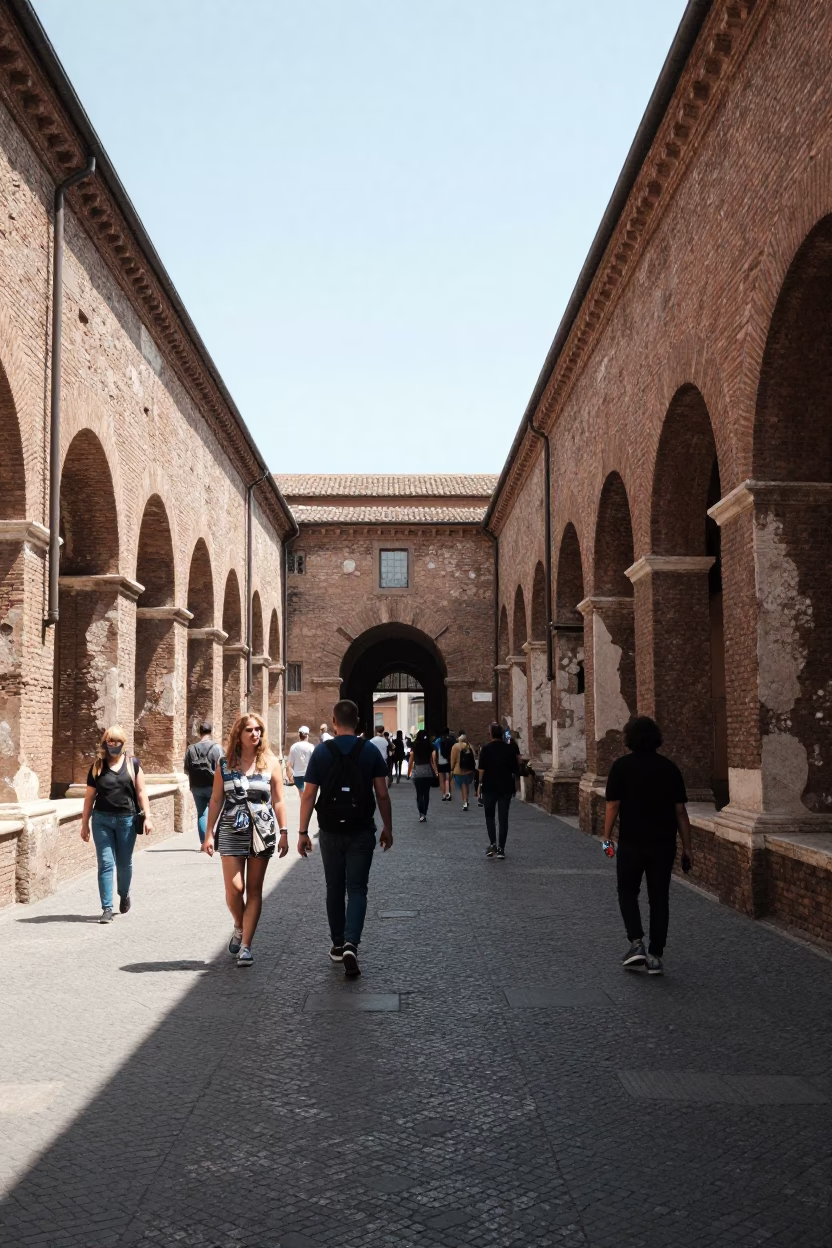 Busy Roman University Cloister Walkway Under Flat Noon Glare with Stone Architecture in in Rome, Italy