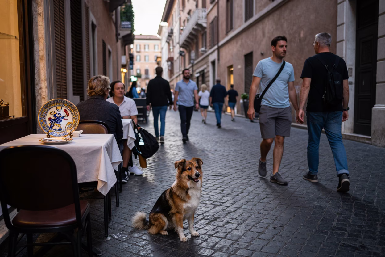 Busy Rome Evening Street Scene with Vintage Majolica Plate and Miniature American Shepherd in in Rome, Italy