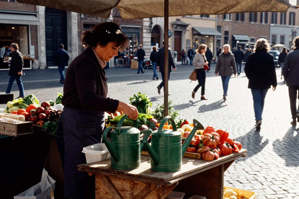 Busy Rome Street Corner Early Afternoon with Watering Cans and Latch Details in in Rome, Italy