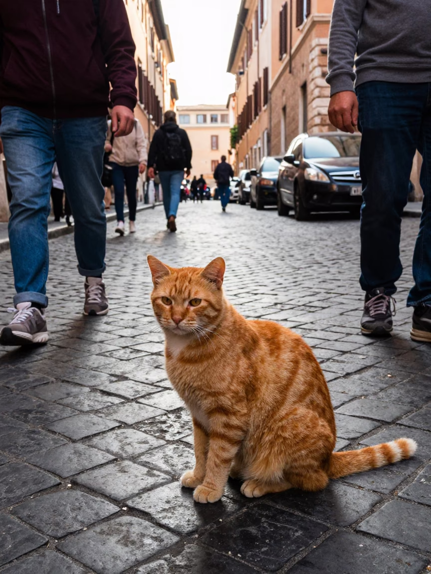 Busy Rome Street Scene Late Morning with Orange Cat and Vintage Details in in Rome, Italy