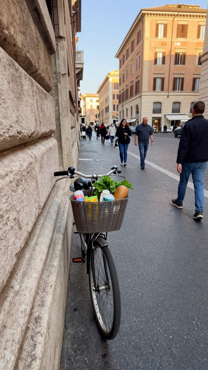 Busy Rome Street Scene with Bicycle Basket in Late Afternoon Light in in Rome, Italy