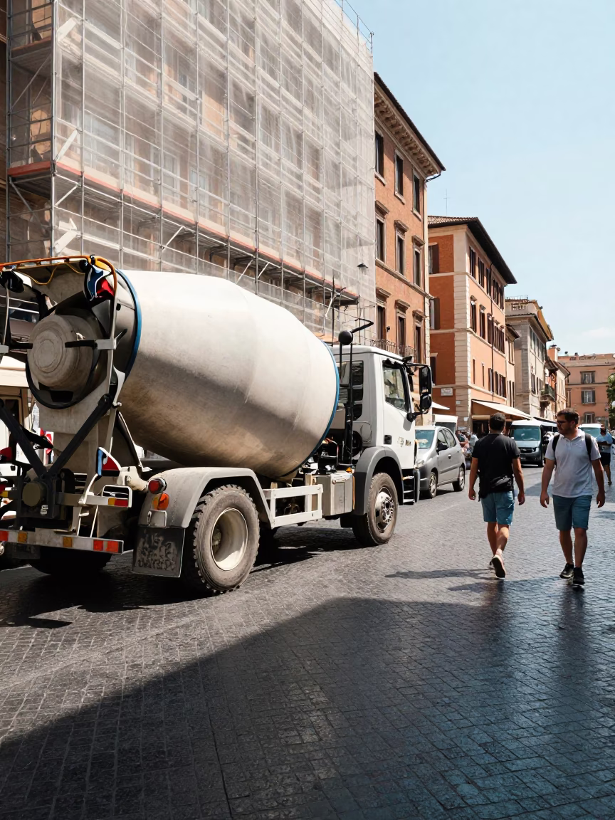 Busy Rome Street Scene with Cement Mixer and Reflections in Bright Midmorning Light in in Rome, Italy