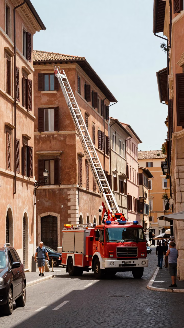 Busy Rome Street Scene with Fire Engine Ladder and Vintage 1950s Atmosphere in in Rome, Italy