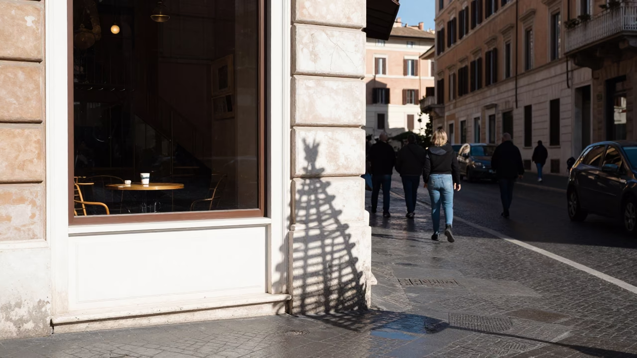Busy Rome Street Scene with Wicker Shadow and Hotel Reflections in in Rome, Italy