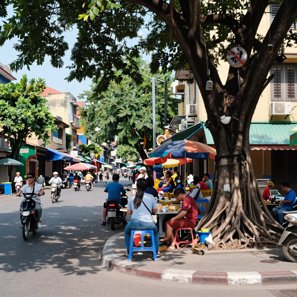 Busy Saigon Noon Street Scene with Local Food Vendor and Kapok Tree in in Ho Chi Minh City, Vietnam