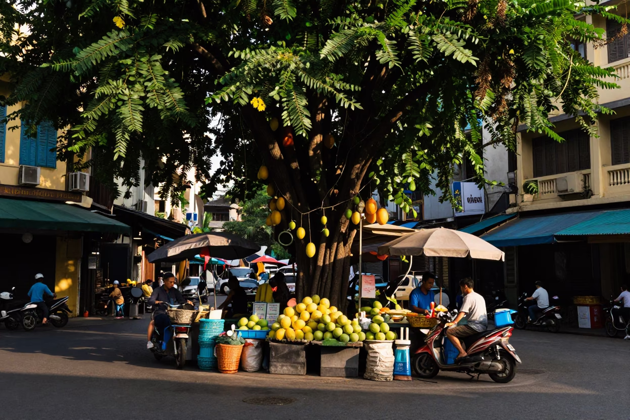 Busy Saigon Street Corner Late Afternoon with Melons and Vintage Coat Hooks in in Ho Chi Minh City, Vietnam