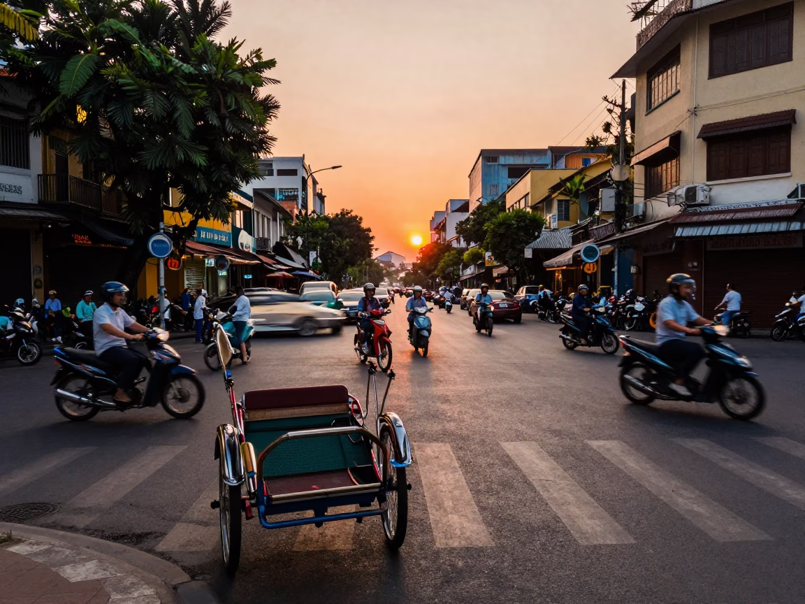 Busy Saigon Street Scene at Dusk with Vintage Rickshaw and Urban Activity in in Ho Chi Minh City, Vietnam