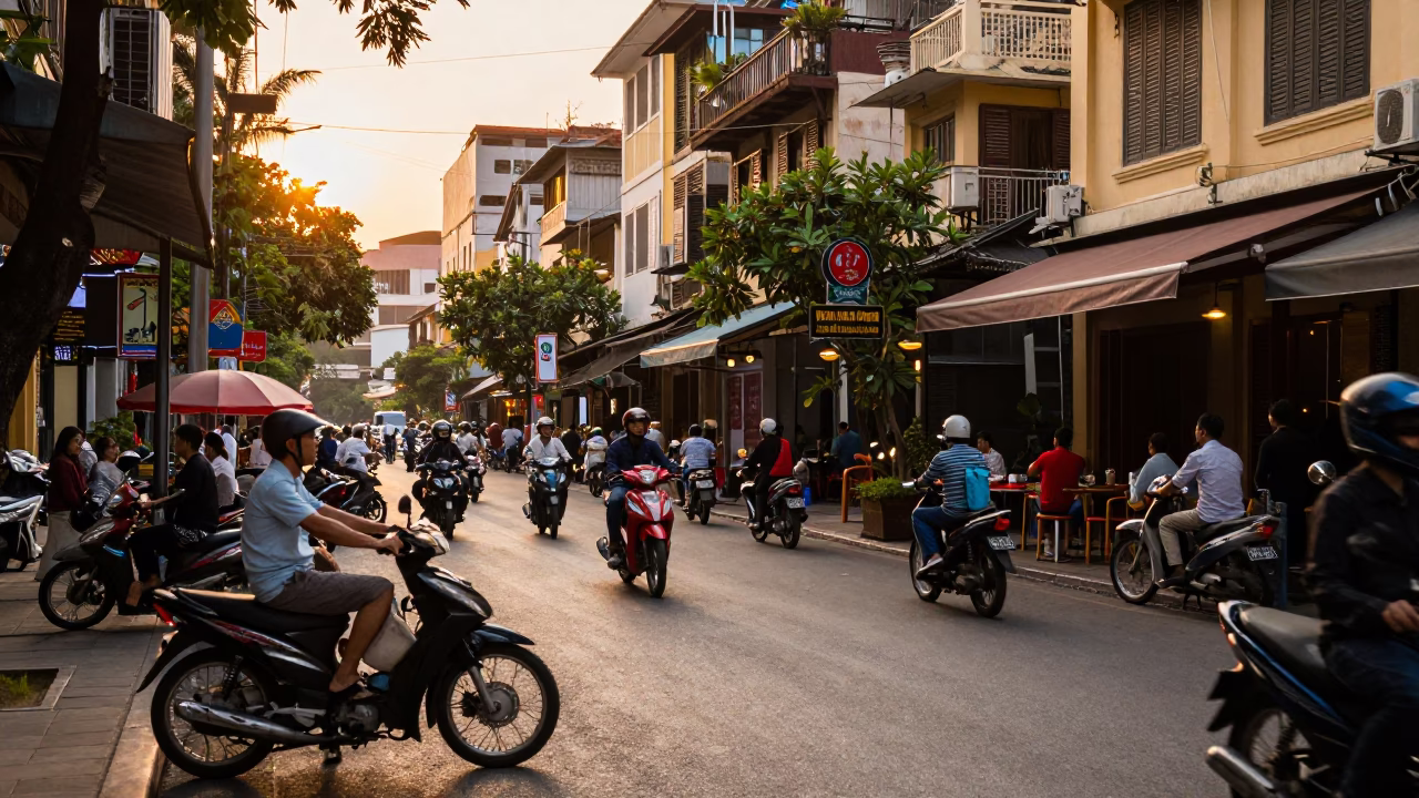 Busy Saigon Street Scene at Sunset with Motorbikes and Puddle Reflections in in Ho Chi Minh City, Vietnam