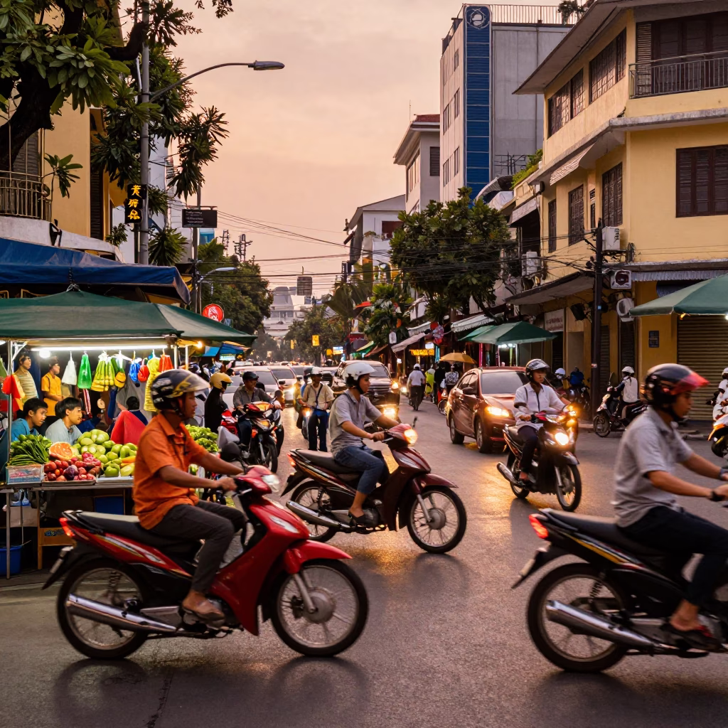 Busy Saigon Street Scene Before Dusk with Motorbikes and Water Hyacinth in in Ho Chi Minh City, Vietnam