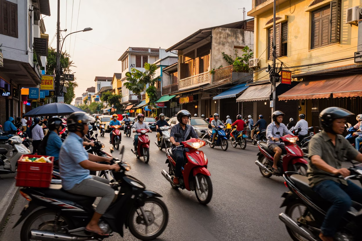 Busy Saigon Street Scene with Motorbikes and Crate in Honeyed Evening Light in in Ho Chi Minh City, Vietnam
