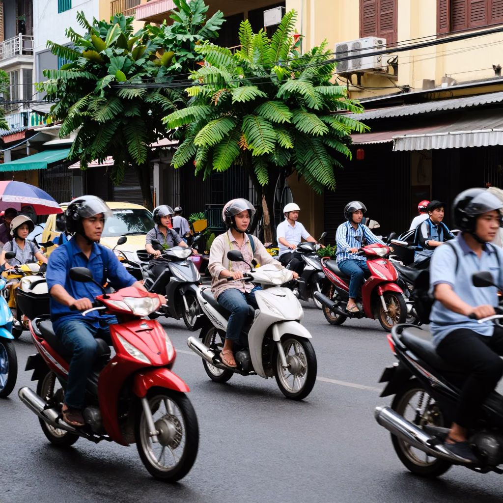 Busy Saigon Street Scene with Motorbikes and Plant Pots Under Noon Sun in in Ho Chi Minh City, Vietnam