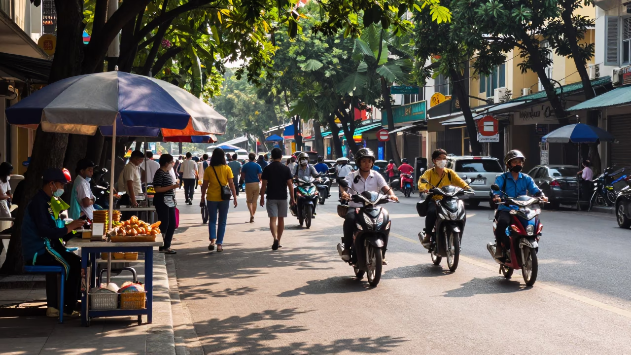 Busy Saigon Street Scene with Umbrella Stand and Motorbikes in Early Afternoon Light in in Ho Chi Minh City, Vietnam